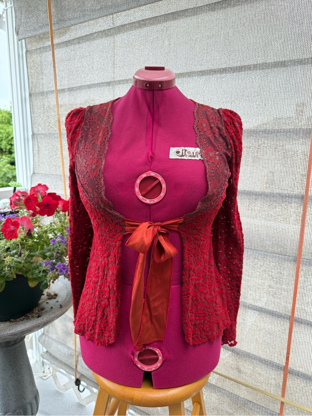 Vintage Ann Ferriday Red Lace Open Cardigan with Satin Tie